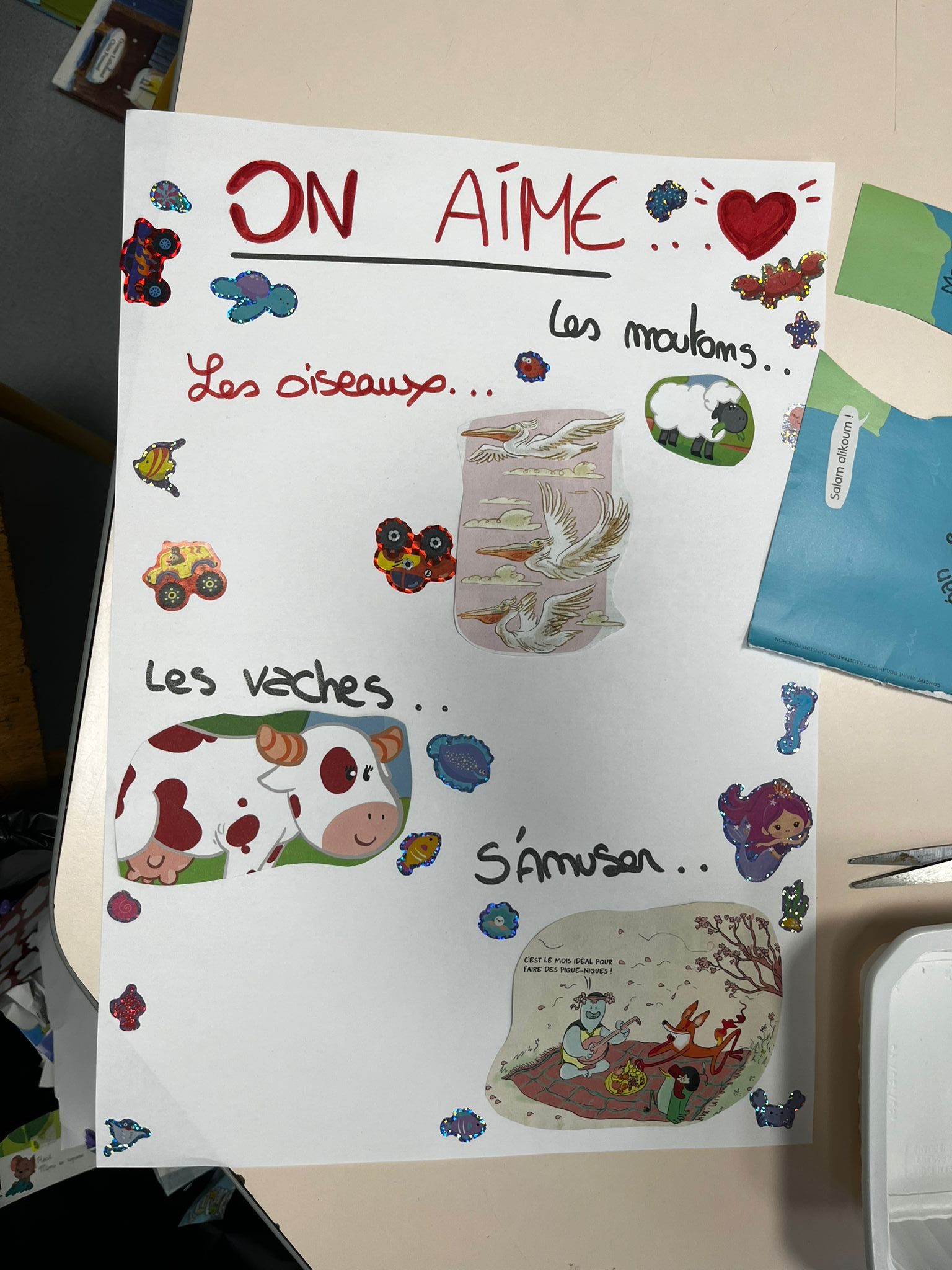 Affiche on aime : les moutons, les oiseaux, les vaches, s'amuser